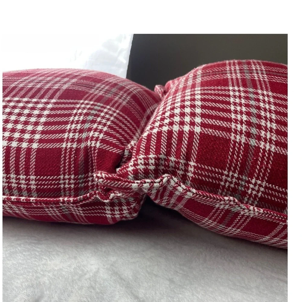 Set of 2 Red White Plaid Square Throw Pillows 18x18 Farmhouse Holiday Decor